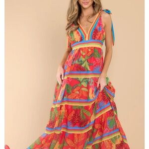 fab'rik Red Tropical-Print Maxi Dress with Rainbow Trim